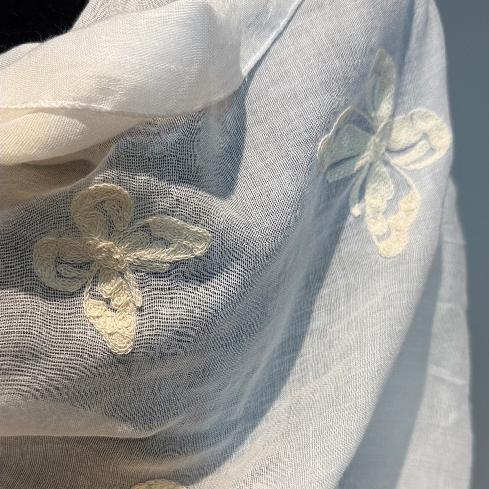 CJ Banks Classic Cream Scarf with embroidered butterflies - Picture 2 of 3
